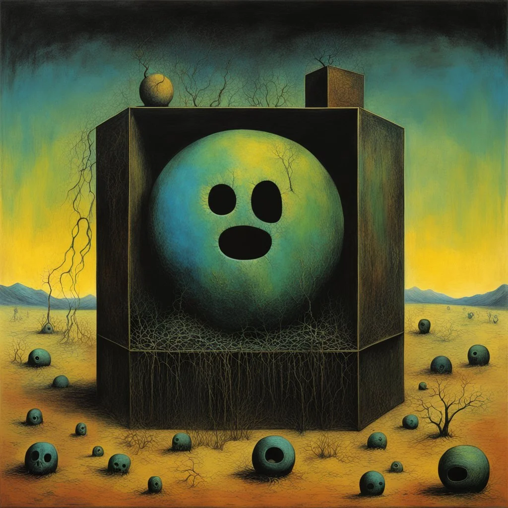 Divorced from reality metaphysical unholy roller, Joan Miro and Sidney Nolan and Zdzislaw Beksinski deliver a dark surreal masterpiece, light creepy colors, sinister, creepy, sharp focus, dark shines, asymmetric, box in a box in a box effect, biohazard symbol overlay