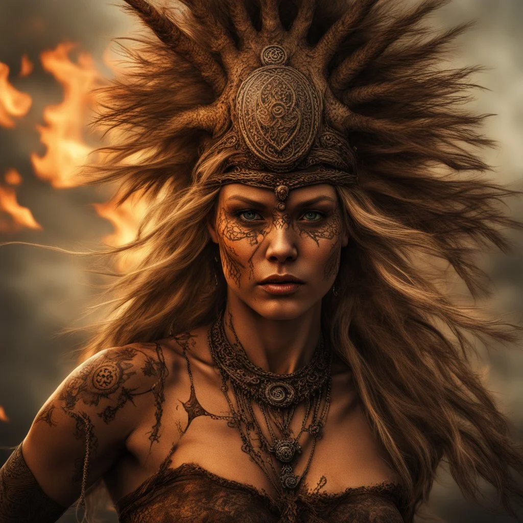 Behold the powerful alluring and pretty Viking shaman woman, her body adorned with mystical tattoos, swaying to the rhythm of the flames. intricate details, HDR, beautifully shot, hyperrealistic, sharp focus, 64 megapixels, perfect composition, high contrast, cinematic, atmospheric, moody