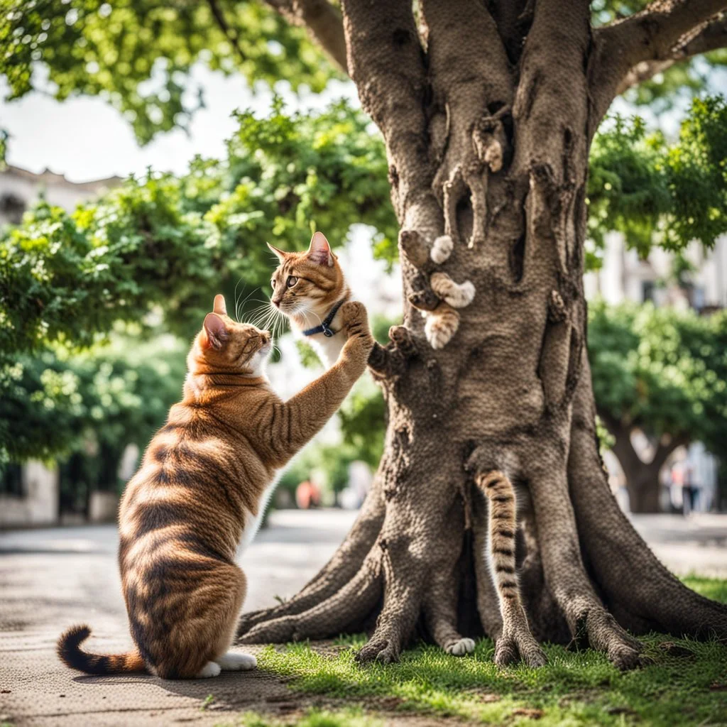 Photograph of a cat being a tree, asking a person who is eating a dog if there are people like him somewhere, by Minicavio Quollati