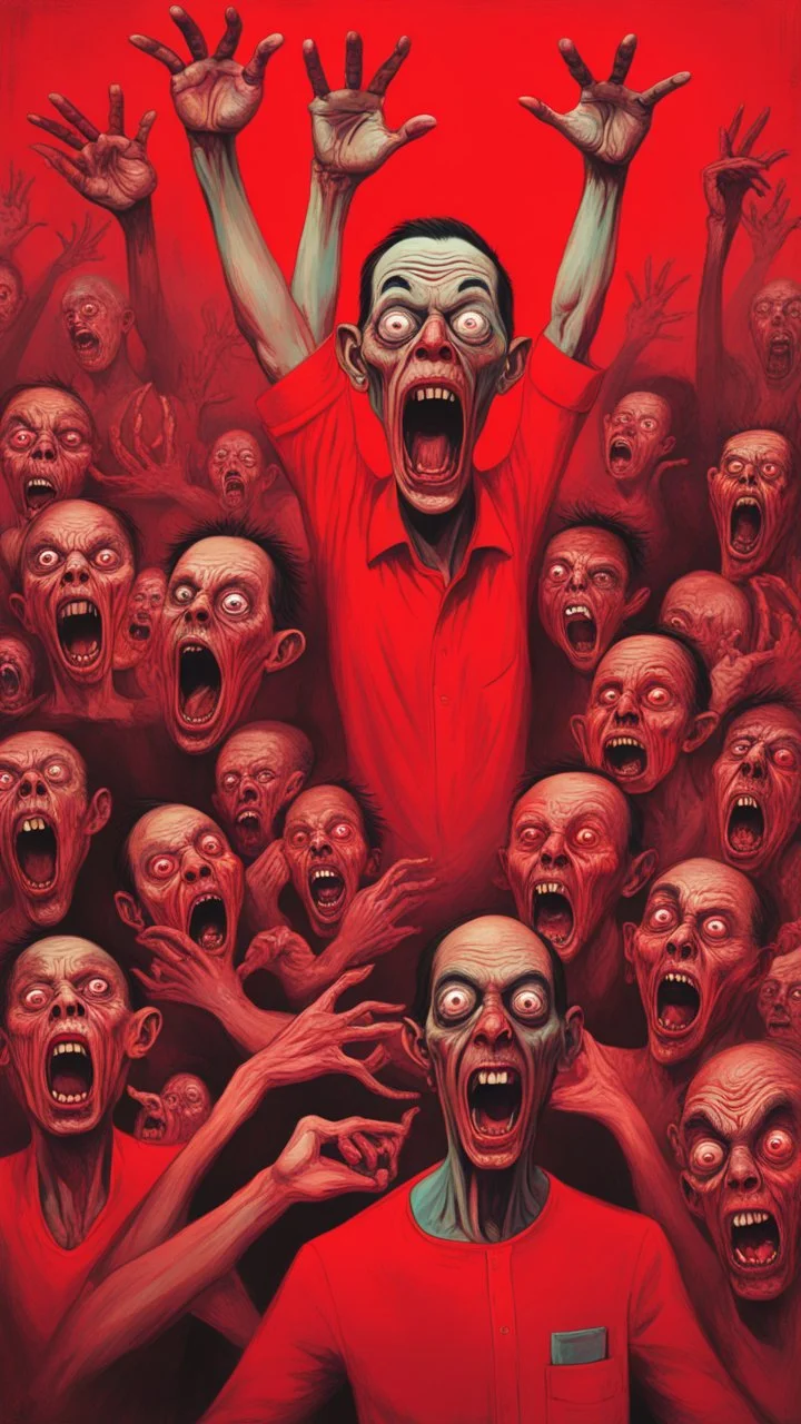 Bosch painting style ,nightmare, a lot of zombies with the hands up looking at you with screaming scary faces all of them in red colours and red background