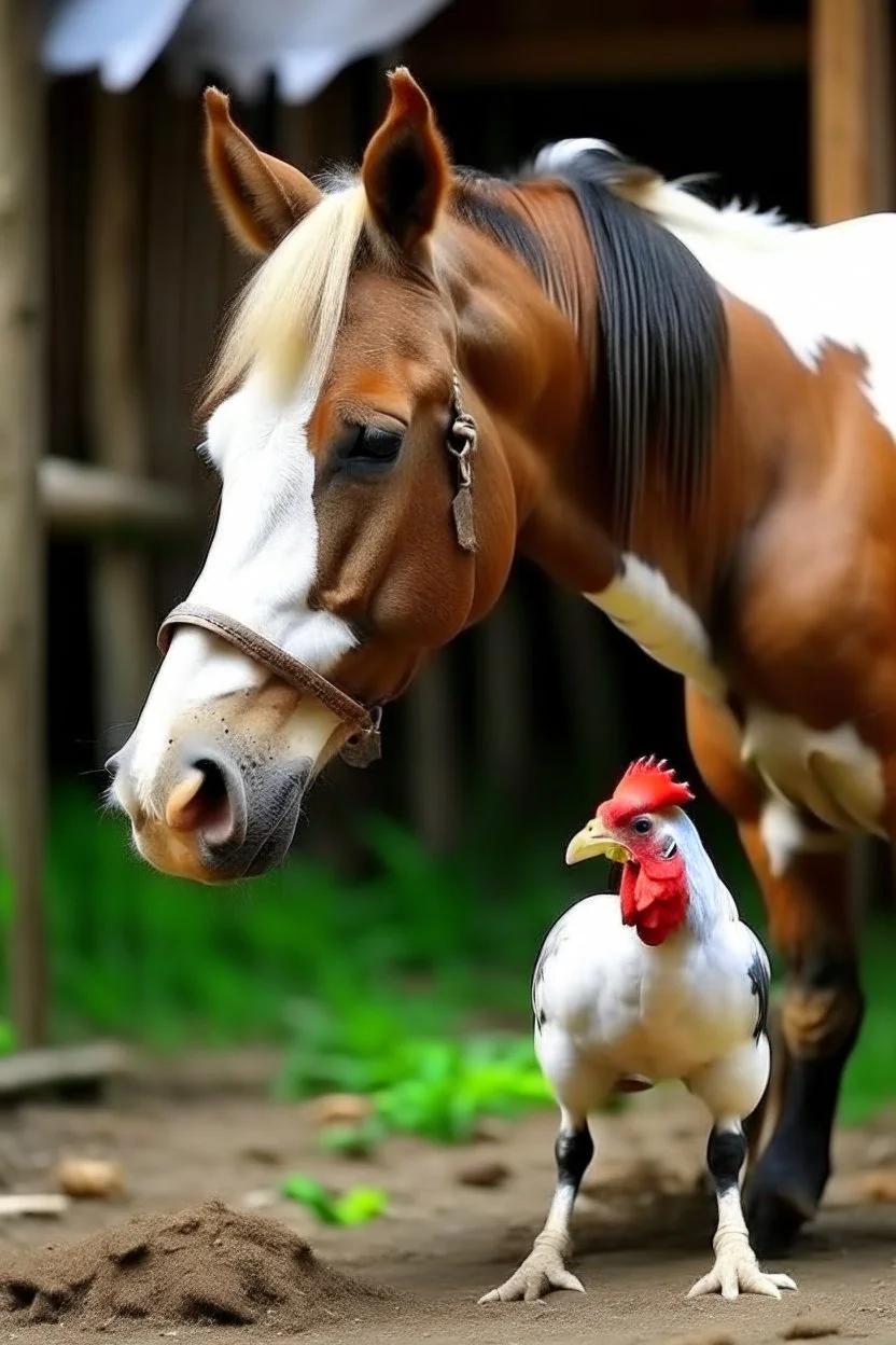 a horse fiting a ninga have a chiken