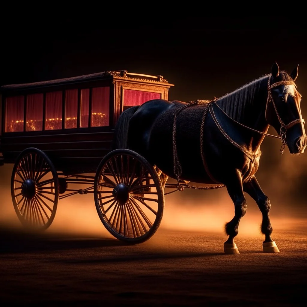 horse wagon, motion blur, 8k, downlight, soft light, depth of field, photorealism, trending on art station, lotsa detail