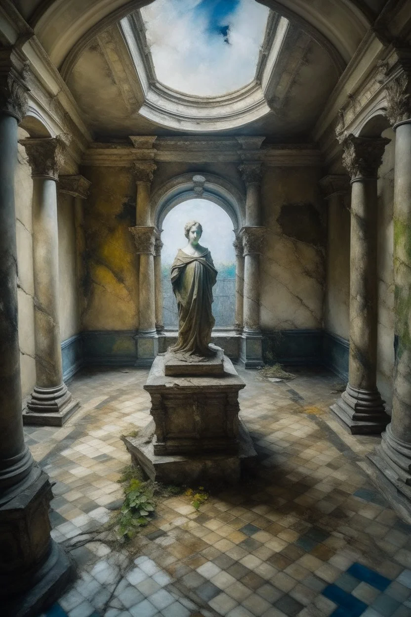 Oil painting an old stone statue exposed from above in the middle of a large abandoned palace hall