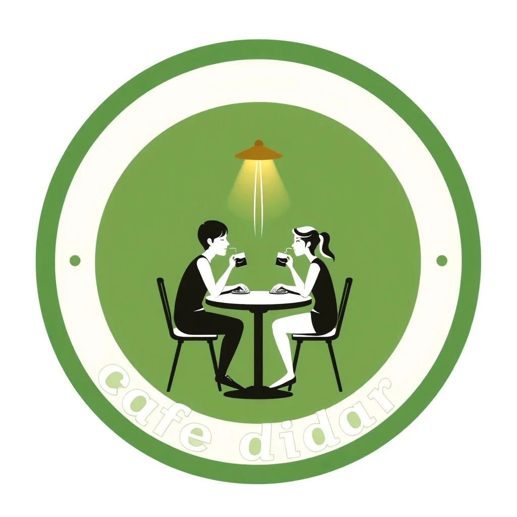 A circular logo for a cafe called (cofe didar) with a distinctive green border, in the center of which are two people sitting at a two-person table drinking coffee and a light above their heads.