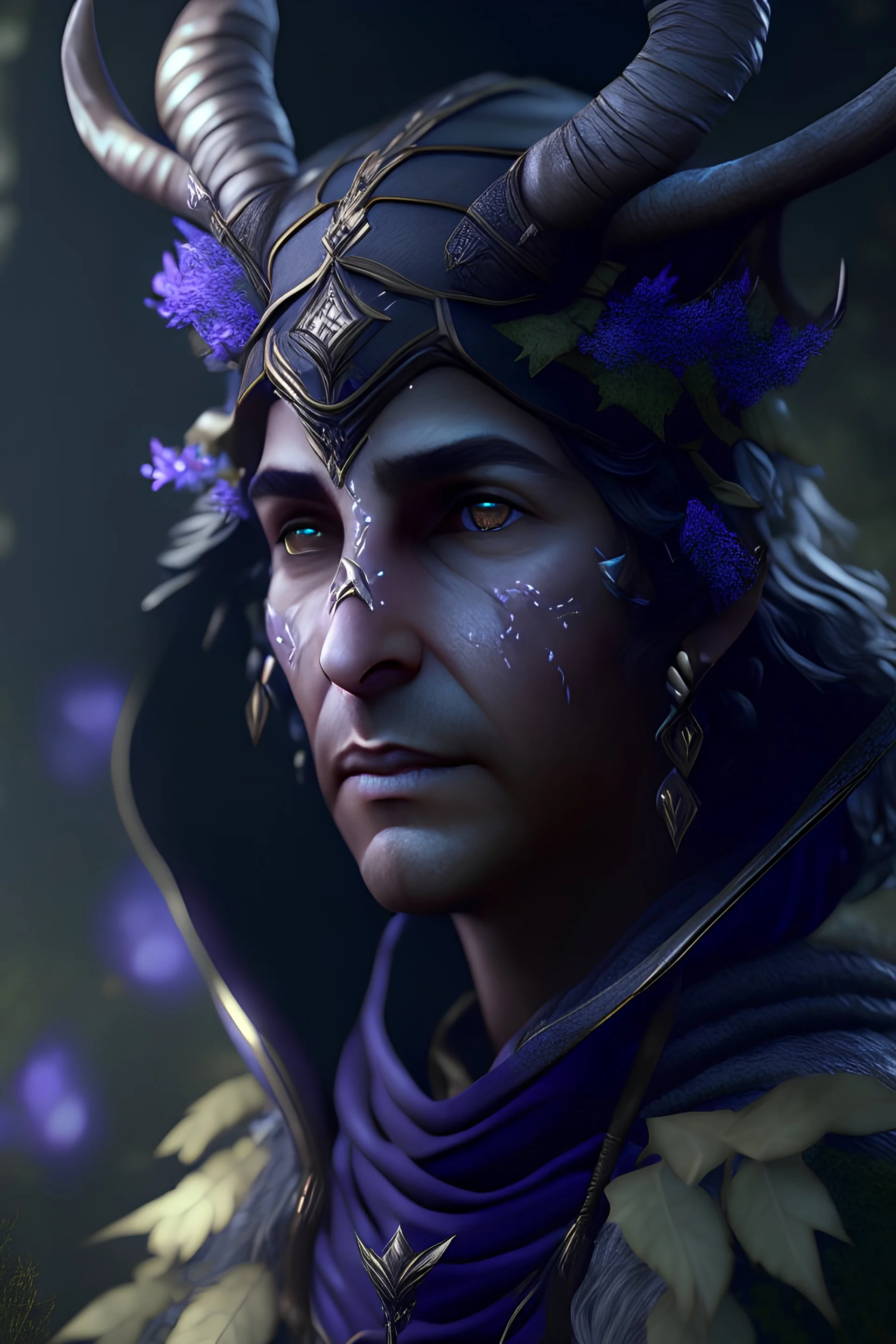 dnd character art of a tiefling druid. high resolution cgi, 4k, short flush curved horns, tiny rounded ears, unreal engine 6, high detail, cinematic.