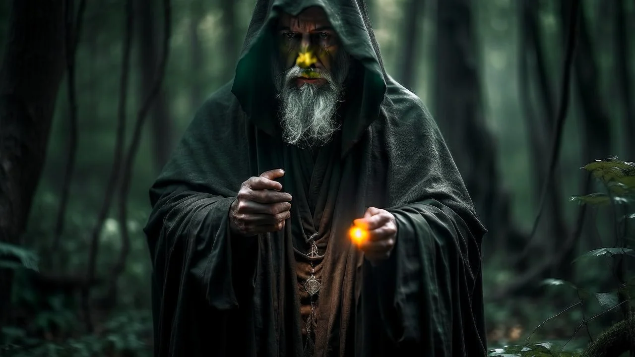 The hooded sorcerer in the forest