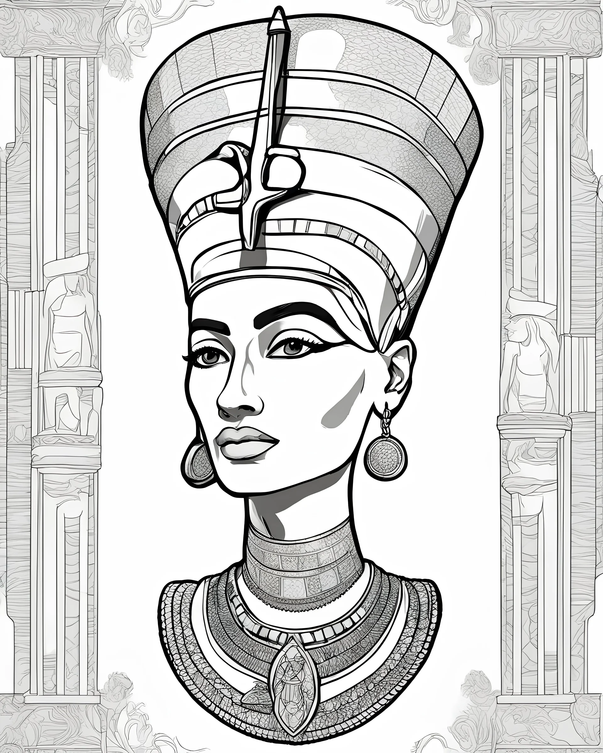 Outline art for coloring pages with Nefertiti , white background, sketch style, only use black outline, white background, no shadows and well and clear outline , white background, sketch style, only use black outline, white background, no shadows and well and clear outline