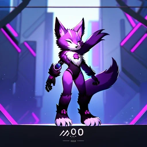 a fox fursona, darker colors, master quality, backlighting, soft lights, full body portrait, in frame, 8k, furry, fur, black and purple color pallet, robotic arm, cyberpunk, anthropomorphic, perfectly drawn face, animal legs, paws