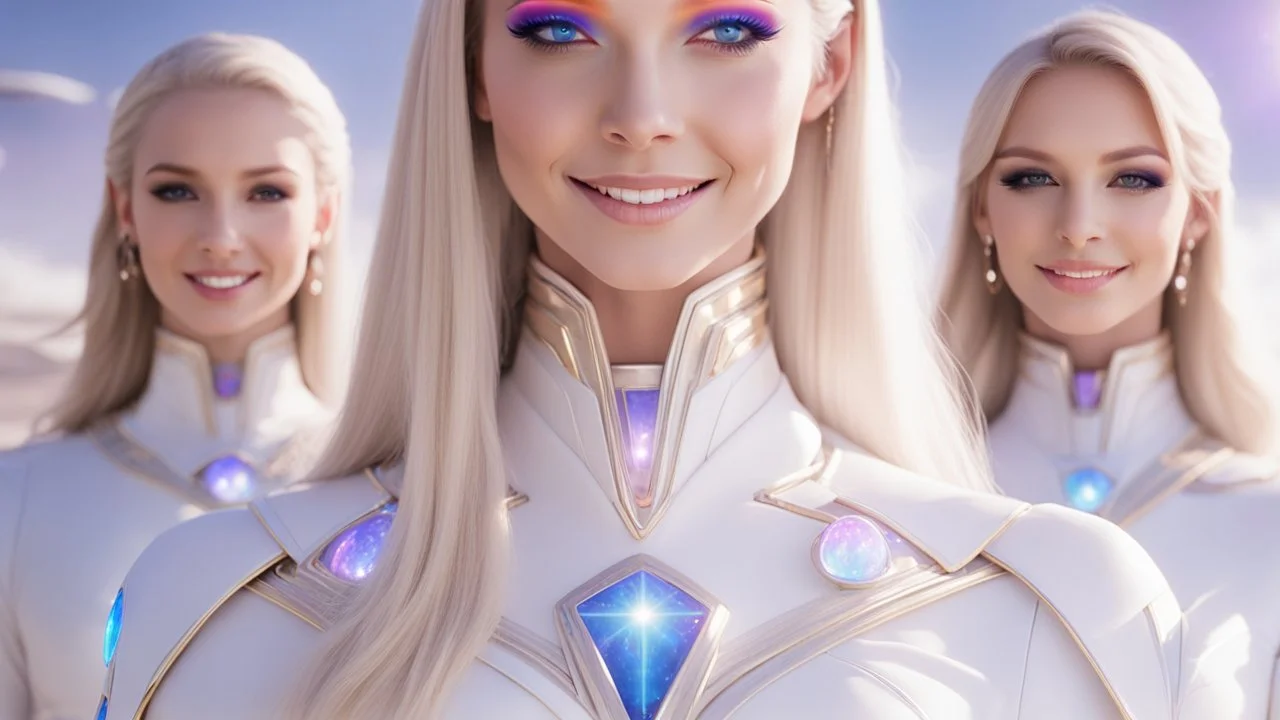 cosmic woman ,beautiful ufos rainbow, admiral from the future, galactic confédération, fine whole face, crystalline skin, expressive purple eyes,rainbow, smiling lips, very nice smile, costume pleiadian, Beautiful tall woman pleiadian Galactic commander, ship, perfect datailed golden galactic suit, high rank, long blond hair, hand whit five perfect detailed finger, amazing big puple eyes, mouth, high définition lips, cosmic happiness, bright colors