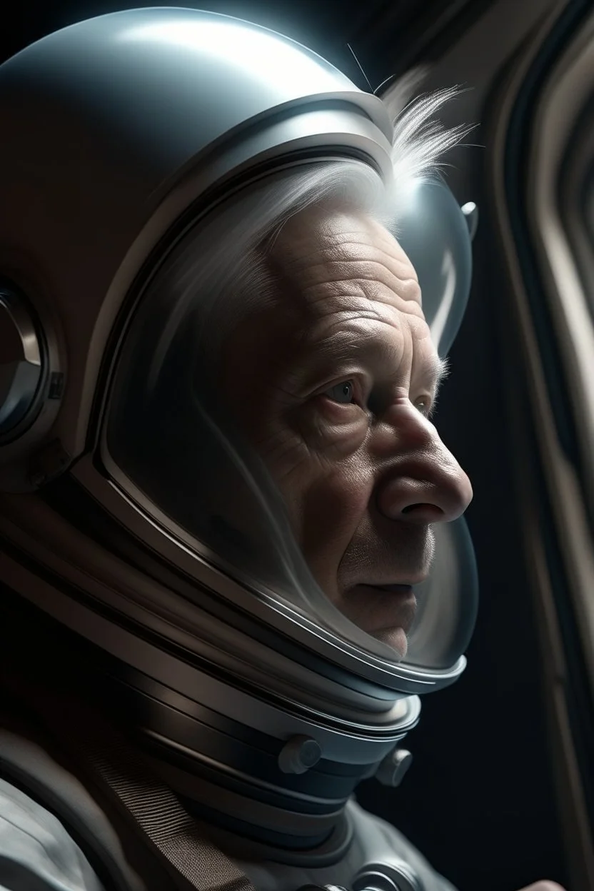 An experienced astronaut gazing at Earth from a spaceship window, strong jawline, detailed, hyper realistic, 30 years old, reflective visor, silver hair