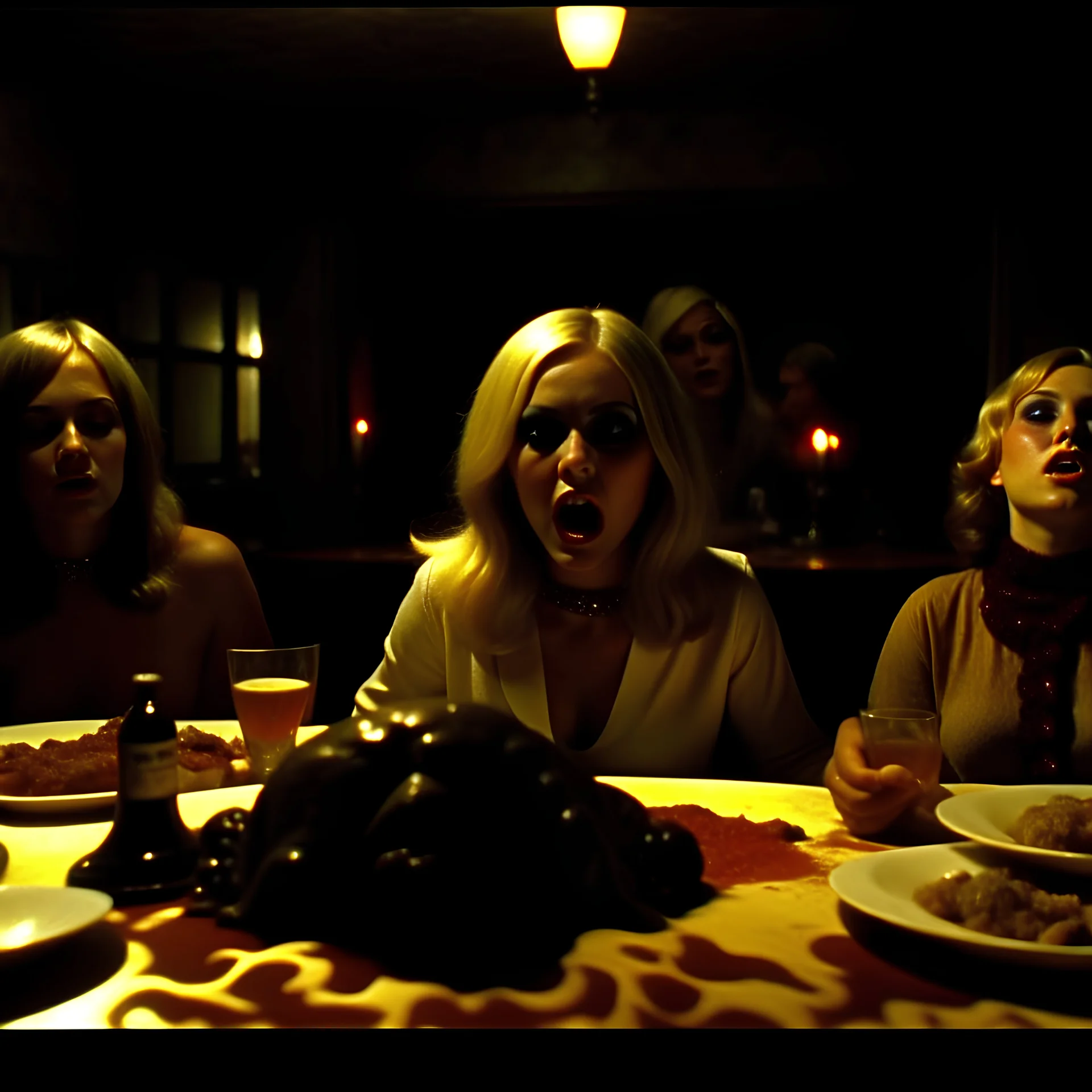 Horror movie shot, spooky, hot, ultra realistic hot dine, ultra realistic hot blonde women, chaos, party, pieces of meat, organs, ail, dynamic, very excited people, hypermaximalist figures, light, 1970's Italian horror movie, sinister,, Dario Argento, Stanley Kubrik, ornate, 4k, photorealism, hypnotic m