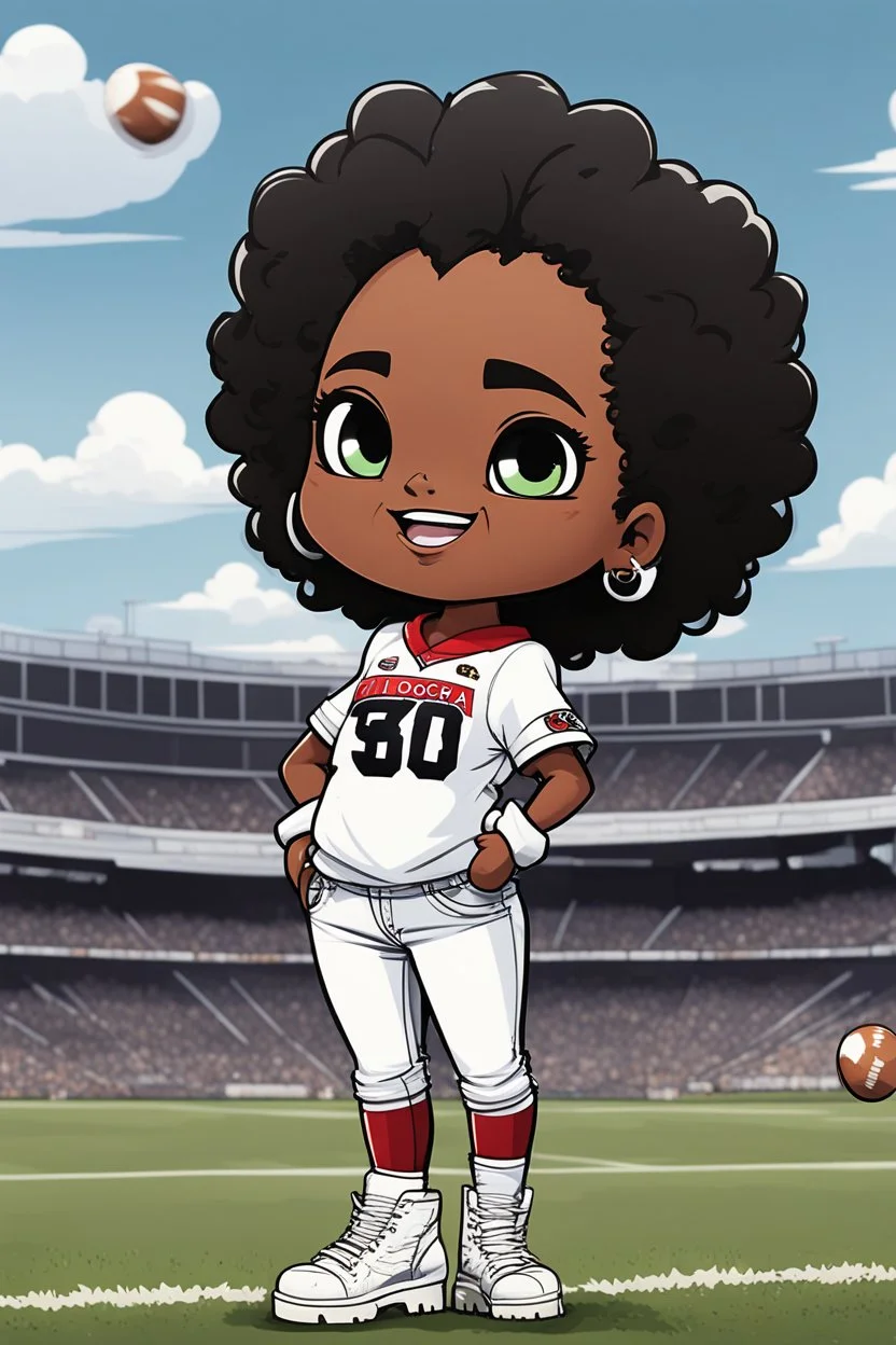 A sassy thick-lined comic book art cartoon image of a black chibi girl standing in front of a football stadium. She is wearing a Georgia Bulldogs football jersey with tight white jeans and timberland boots. behind her curvy body. Looking up coyly, she grins widely, showing sharp teeth. Her poofy hair forms a mane framing her confident, regal expression. Prominent makeup with hazel eyes. Hair is highly detailed.