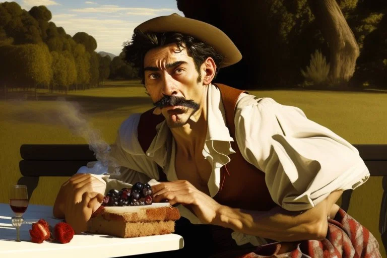 man smoking on picnic table by Caravaggio