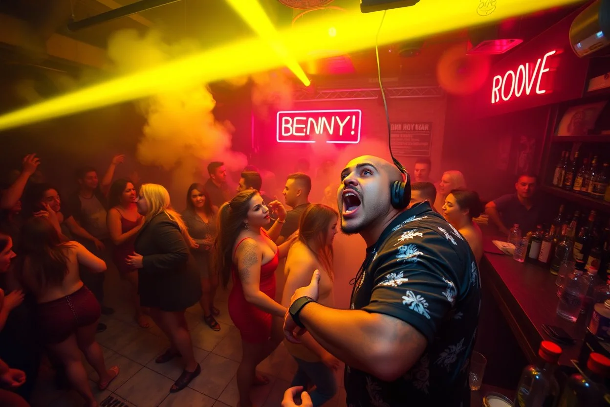 dans golv på en nedsliten sunkig techno club, många personer som dansar, yppiga kvinnor, mycket scen rök i lokalen, och gula röda strobes, en del personer ser in i kameran och skriker: "Benny!" och en Neon Skylt med texten "DJ ROY" på väggen, DJ Roy skriker rätt in i kameran, öppen mun, mycket flaskor och glas i baren