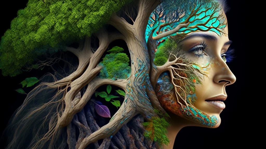 woman and tree mixed into one beautiful creature, intricate details, masterpiece, 3d, 64k, high resolution, high detail, computer graphics, hyperrealism, f/16, 1/300s. digital painting