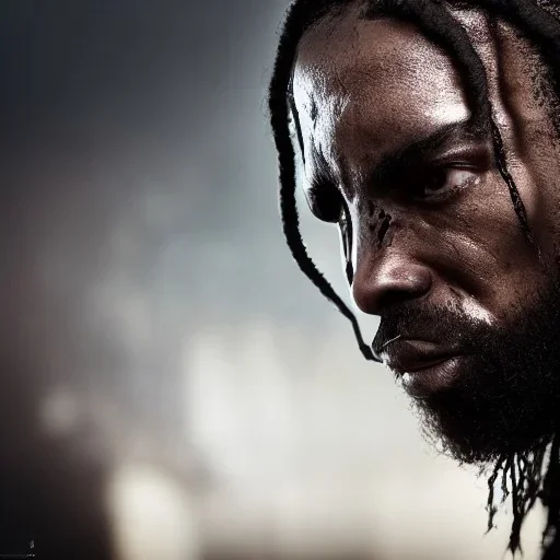 badass black man, long curly black hair, scar on eye, hooded, post-apocalyptic, realistic, intriacte detail, sci-fi fantasy style, volumetric lighting, particales,highly detailed,cinamatic, deep colours,8k