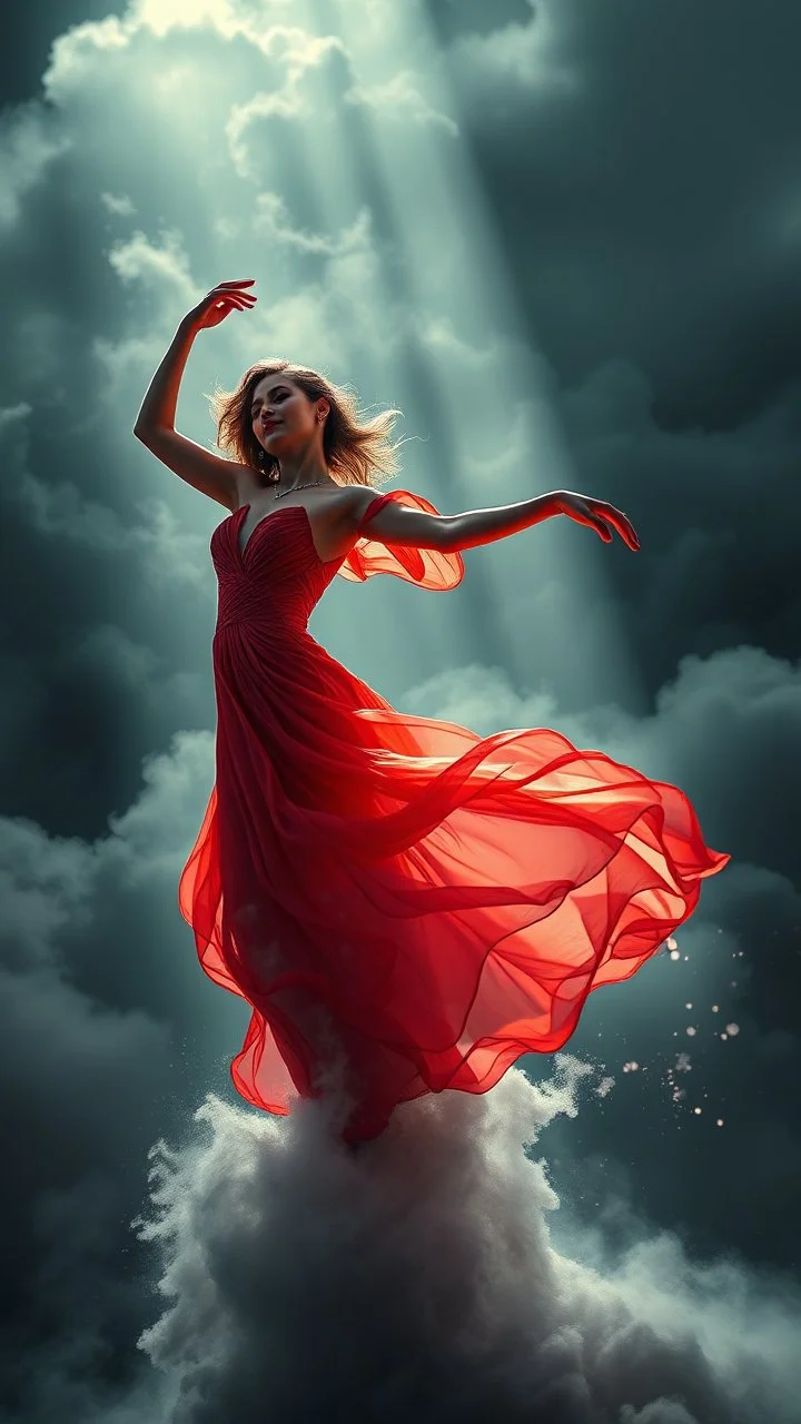 A beautiful Spanish flamingo dancer with a beautiful red dress dancing swirling clouds, emerges from the heart of a raging storm. Turbulent winds of steam swirl around the louds lit by shafts of sunlight that cast dramatic shadows on the A beautiful dancer woman with beautiful hands f flamingo dancing, High quality 16k cinematic scene and great photography