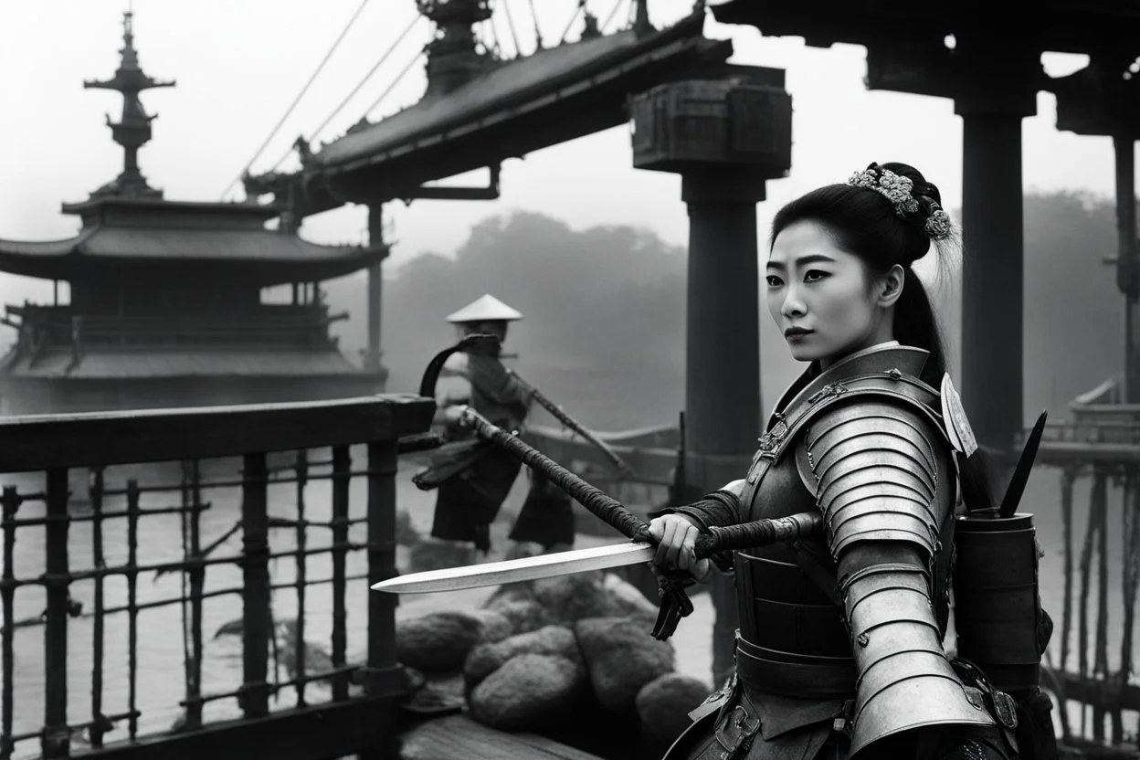 [on the bridge of the Potemkin] Onna bugeisha woman in armour with a katana on japanese battleship: Surreal... a psychological thriller... ... mix in a little World War II... sure... surreal events in an occupied town... man sees ancient soldier hiding in abandoned home... "Twilight Zone." What's that? No! You didn't want any jungle queens! Now wait a minute. You can't breathe. Too hot in here. Gotta open your eyes! Your mouth! What? They're open? Impossible-- You can't breathe! What? Fly? You a