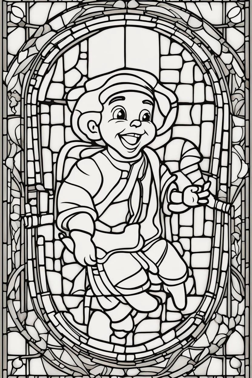 kids coloring page, stained glass window, cartoon style, thick lines, low detail, no shading