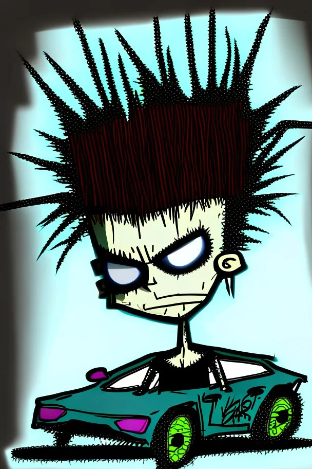 2d drawing of a stickman, cool with punk hair, x eyes like in hangman, driving a Lamborghini ,3d realistic in colour