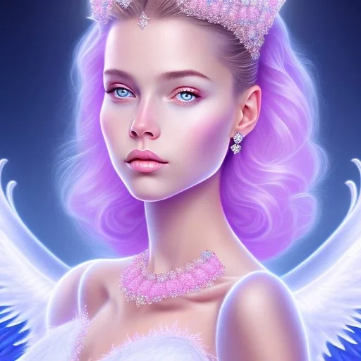 portrait of a beautiful woman with an angel face, pink and blue dress, jewels, soft light aura