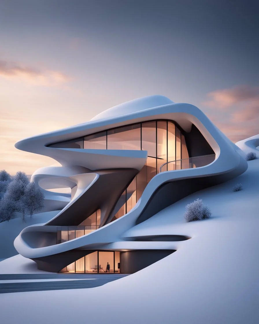 casa pequeña en una pendiente, ciencia ficción, estilo Zaha Hadid, calidad ultra, arte digital 3D, 8k