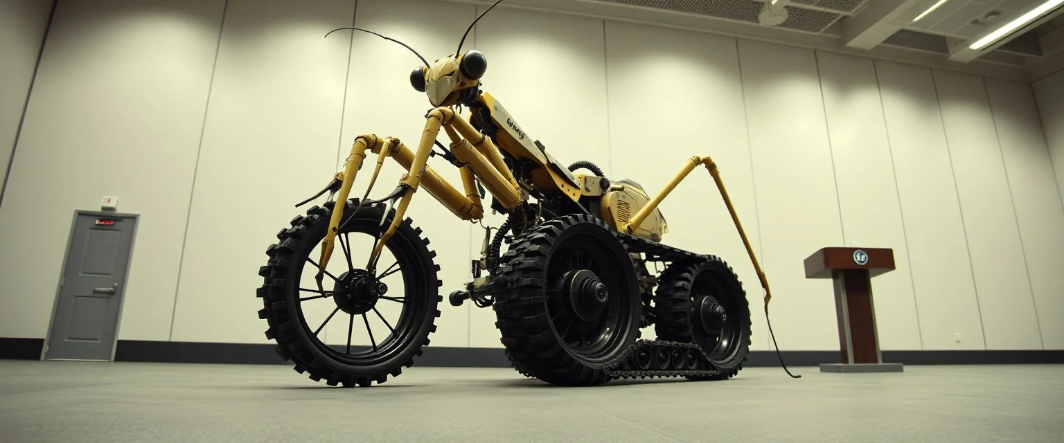 pinhole cam, airbrush 3d rendering, on tv screen:A five-second cinematic single take in a clean industrial presentation hall. A bizarre mechanically plausible tracked atv machine stands beside a presentation podium, designed to look like a giant mechanical praying mantis. Two large bicycle wheels form its main body and four thin articulated mechanical legs support it. Two long folded mechanical front arms resemble mantis forelegs, huge head and arms