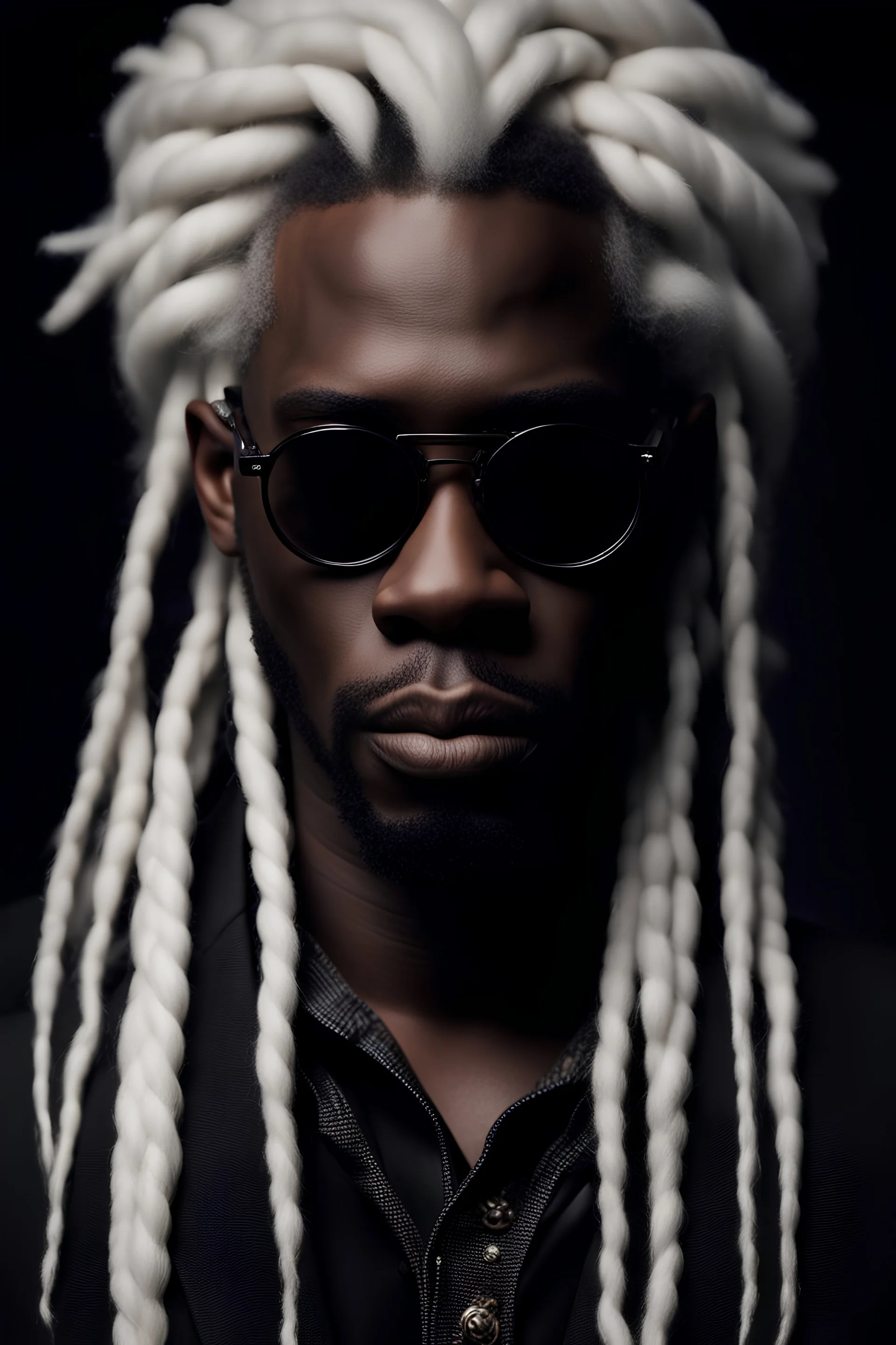 Oil portrait style. Waist-high. Black man, long hair, white hair, Afro braids, black suit, glasses, scar on the eye.