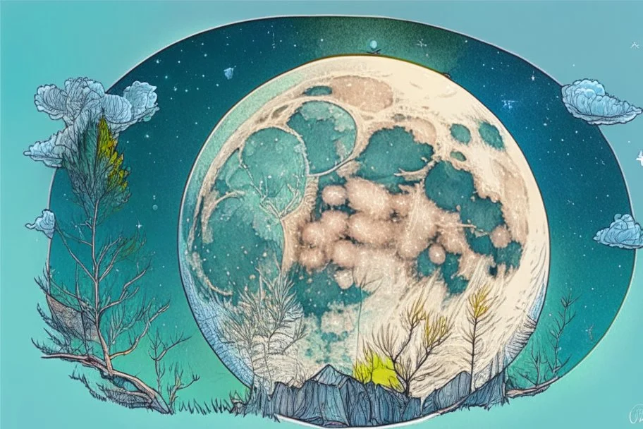 Large moon in the sky, nature doodles, drawing, color, detailed