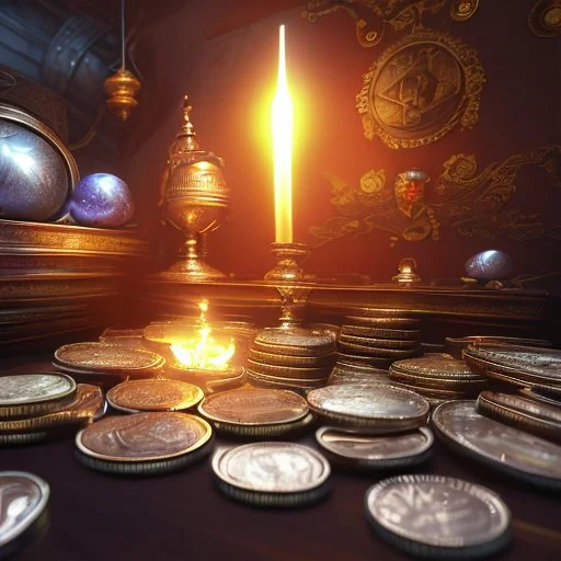 dynamic lighting, Intricately detailed, Splash screen art, deep color, Unreal Engine, volumetric lighting, silver coins, pile of coins, pirate treasure, stacked coins, indoors, candle, skull,