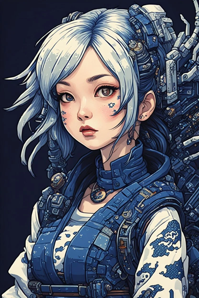 beautiful cyberpunk petit girl, hyperdetailed, behind made 8bits and Pixel Art, illustration by Katsushika Hokusai, darkblue tones,