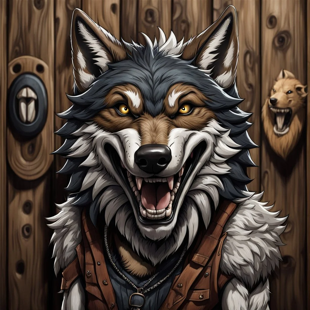 Close up an anthropomorphic wolf facing at the camera and around him cheerful anthropomorphic wolves they laugh at him , in the background many wooden wall, high realistic, high detailed, dark fantasy, cinematic