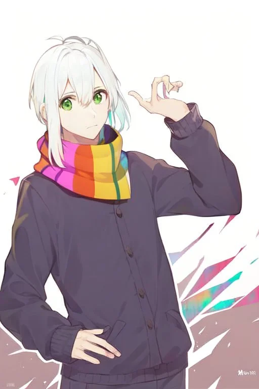 Anime style, Make the art more realistic in the anime version, man, Green eyes, Wearing a colorful scarf around your neck, His hand on the right is referencing himself