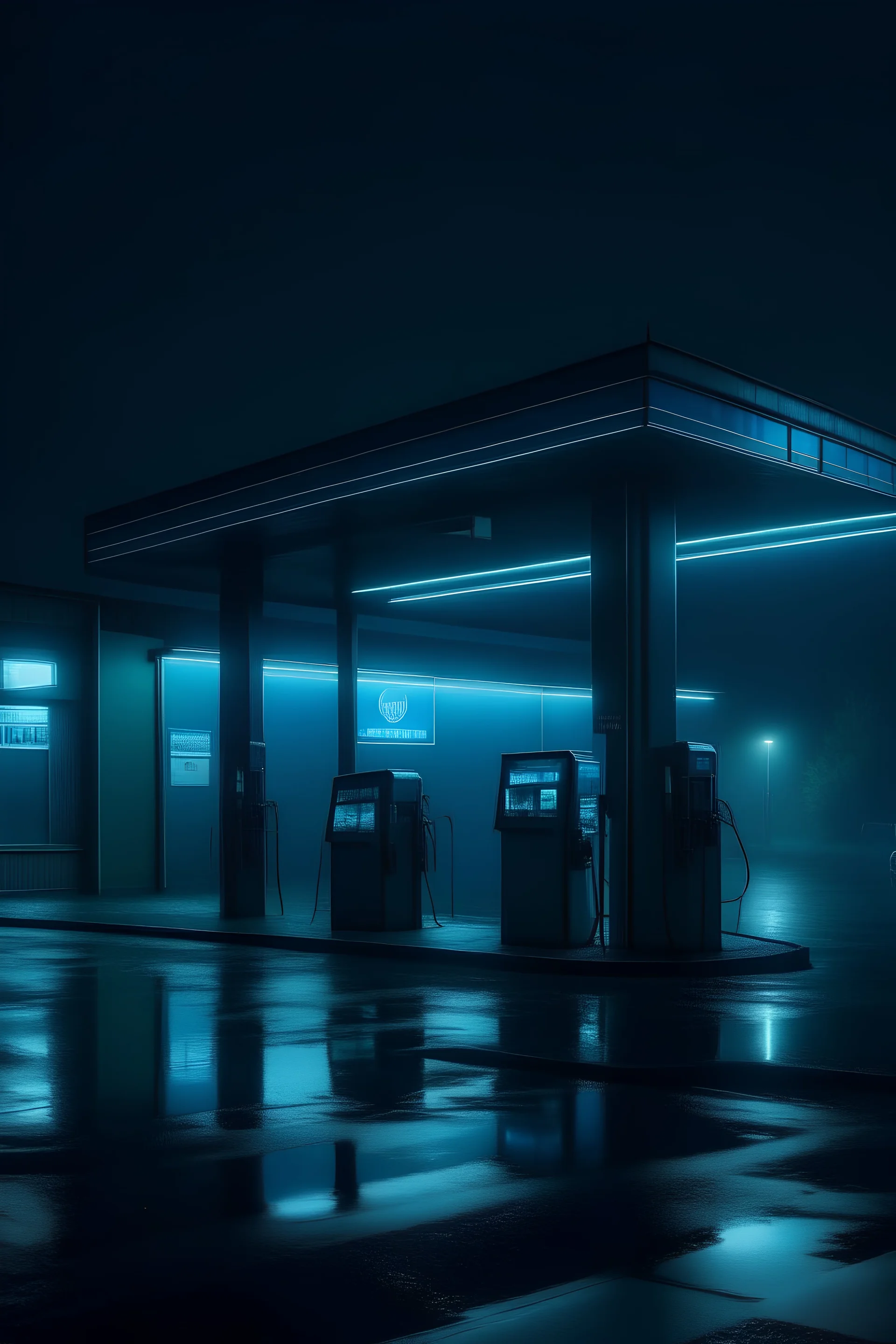 Dimly lit misty gas station with blue neon lights HD