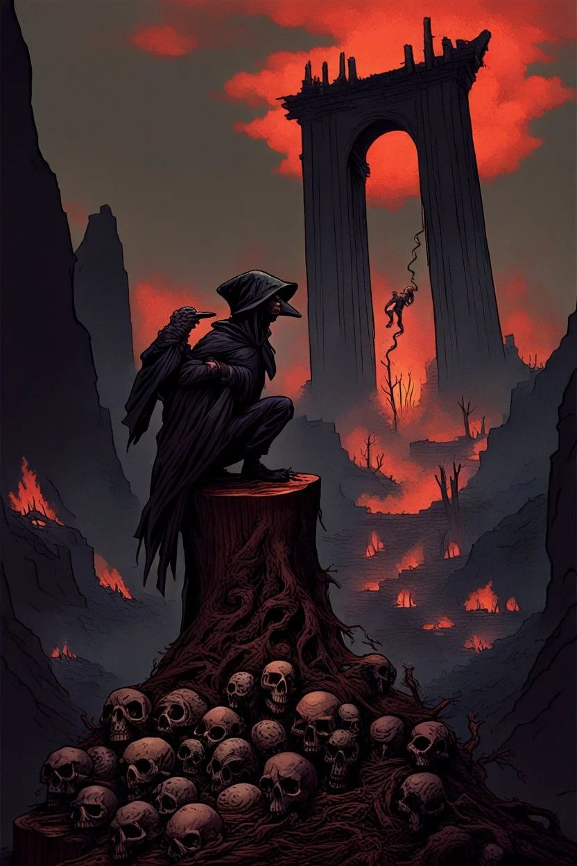 a weird bird-man creature in dark hooded and hat sitting on top of a tree stump, pile of skulls under his feet, under in valley a ruins city with fires and ash and bones, dark deep colors, style by Vincent Lefevre, El Kazovszkij, and Lovecraft , black raven sitting on his shoulder, dark dream of the end the world, in the background floating a tall dark magic gate into after-life, surreal weird art, cinematic