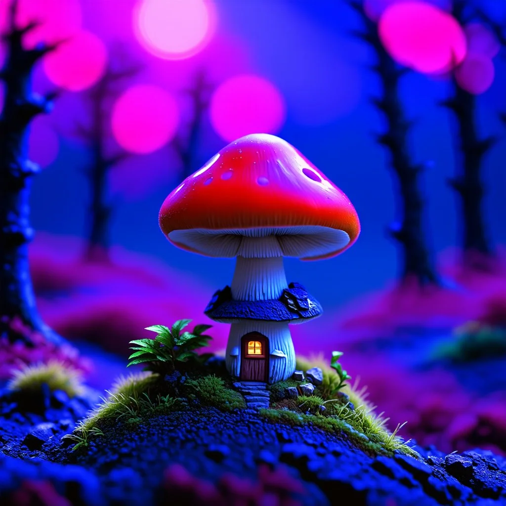 "Close up of a wonderful tiny Mushroom Tower home. Red and bluewith bright white, deep black and contrasting tones of gray magenta and violet colors. Illuminated bioluminescent forest. Professional painter, master at composition. small but detailed. broken, blurred background, voluminous lighting"