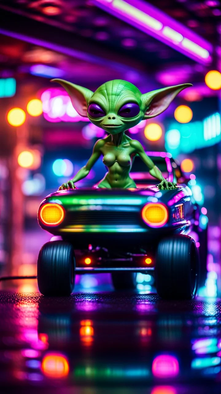 sexy dragster stunt alien gremlin posing on a hipster car parked in dark neon lit reflective wet arcade hall tunnel,bokeh like f/0.8, tilt-shift lens 8k, high detail, smooth render, down-light, unreal engine, prize winning