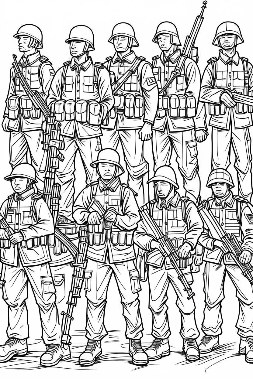 Outline art for coloring page OF A SET OF TOY ARMY SOLDIERS, coloring page, white background, Sketch style, only use outline, clean line art, white background, no shadows, no shading, no color, clear