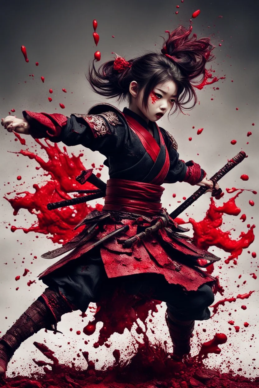 Petit girl samurai, falling pose, fullbody, splashes blood, behind guts rising from the ground, intricate, darkred tones, macro photography,