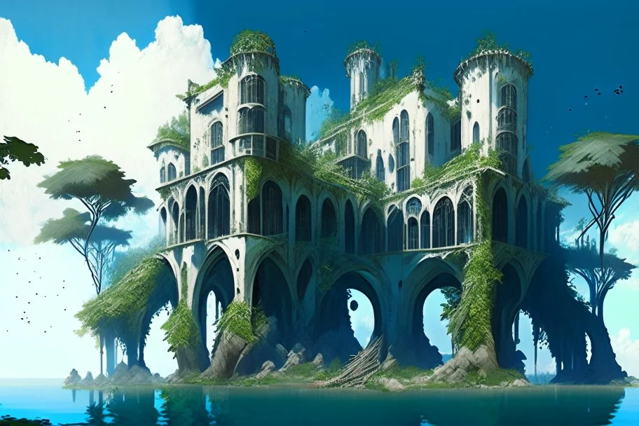 A futuristic ruined gothic building on an island floating over the sea with balconies, verandas, many arches, bridges, spires, paths, trees, dense foliage, spanish moss, ivy, blue sky, white clouds