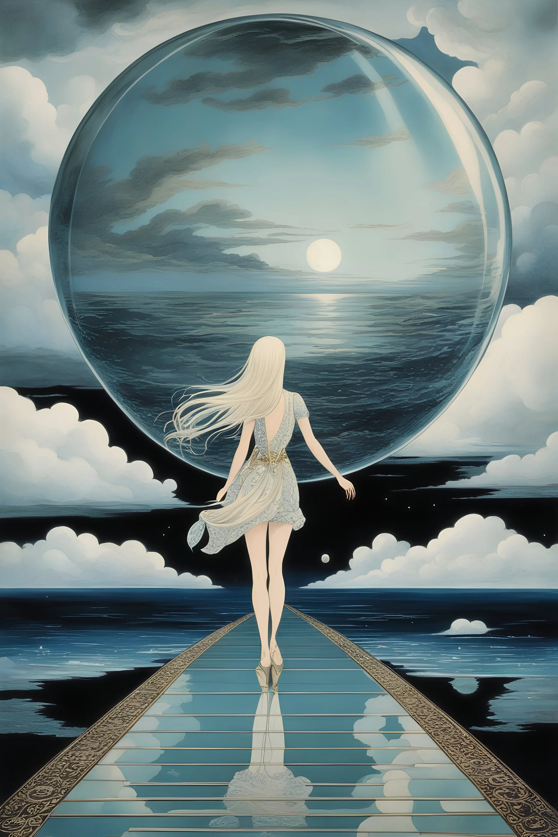Kay Nielsen, Jindřich Štyrský, Surreal, mysterious, strange, fantastic, fantasy, Sci-fi, Japanese anime, walking car, glass sphere, miniskirt beautiful girl, space, perfect voluminous body, sea, clouds, detailed masterpiece high angles perspectives