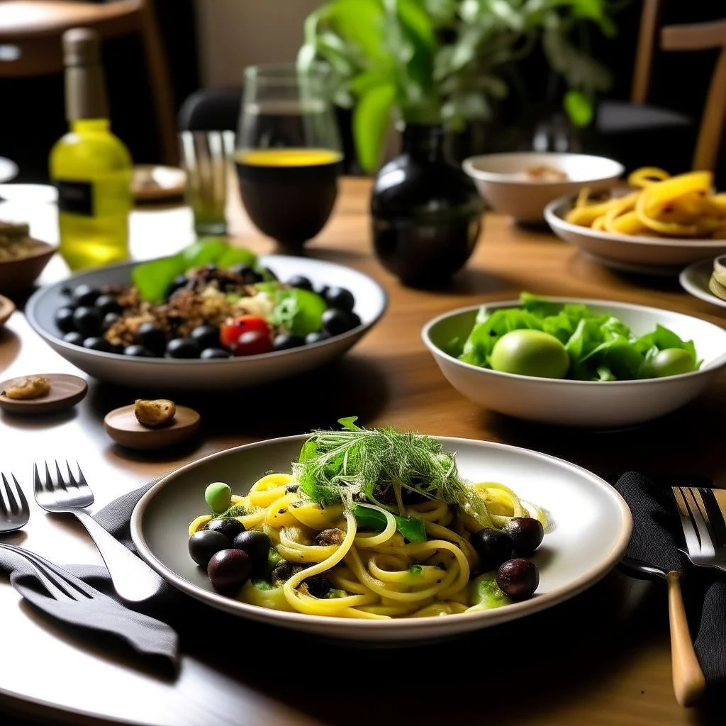 A dining table containing food and pasta with black olives on it, as well as a plate of green olives and a salad with olives on it.