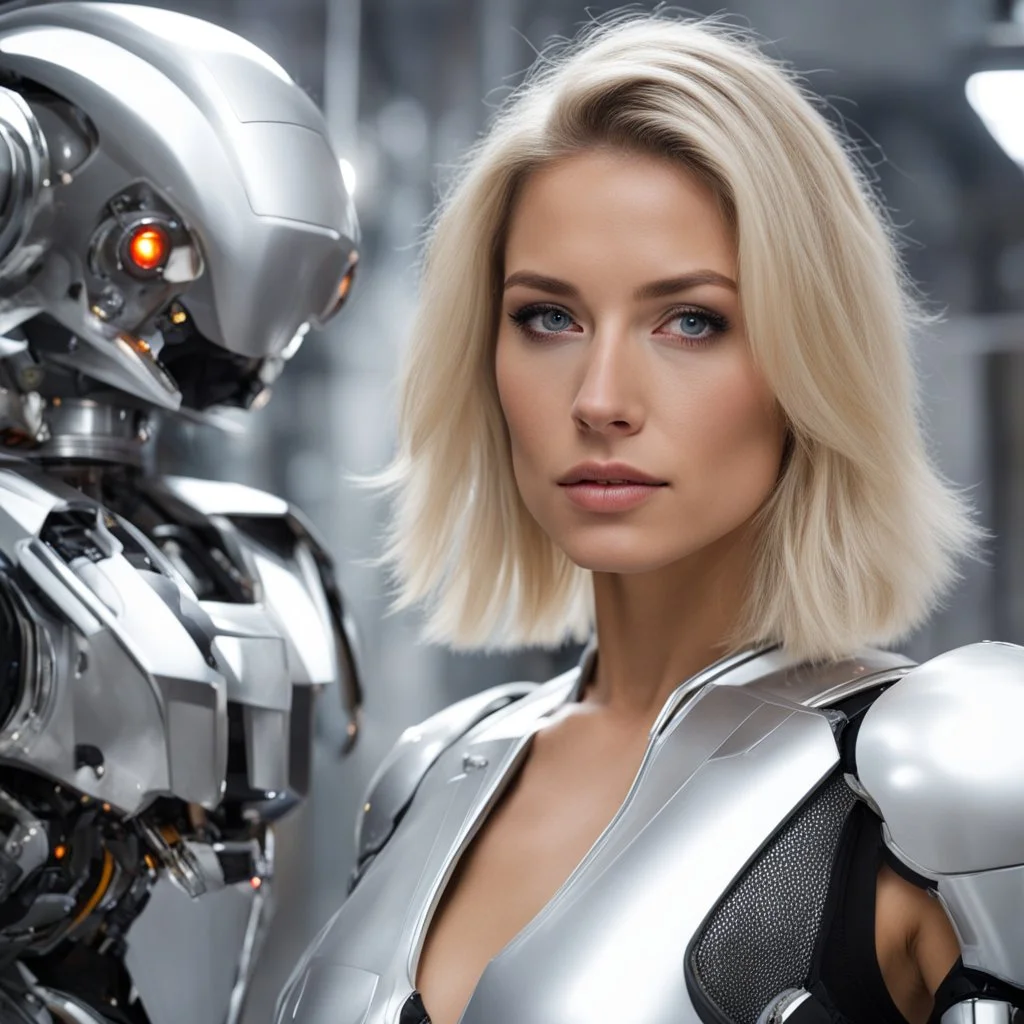 A woman with blonde hair and brown eyes stands next to a silver robot.