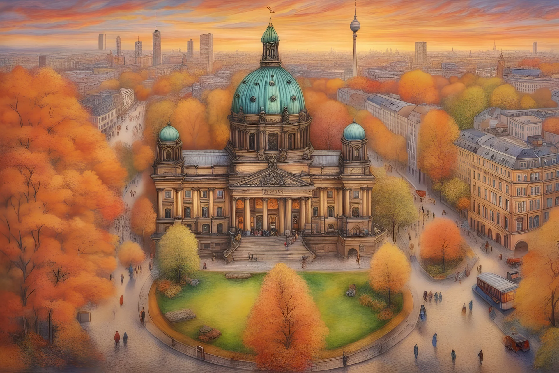 A beautiful and wonderful drawing of Berlin Squares in autumn, full color pencil drawing, masterpiece, intricate and highly detailed image, perfect drawing, beautiful, harmonious, centered image, full body length, 8K, by Josephine Wall