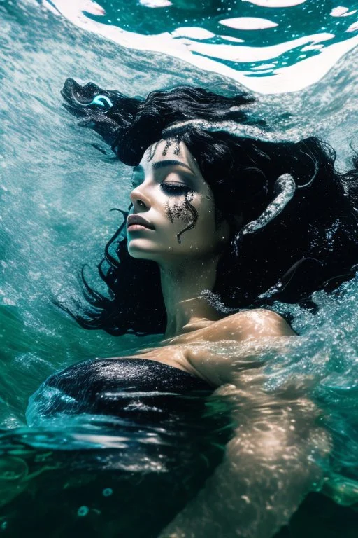 a beautiful woman, long curly black hair,closed eyes,coming from beneath the water,braking the surface with her face just coming out the water,looking up symbolism for breaking free. realistic,8k quality, action close shot from areal view,highly detailed , chaos 80