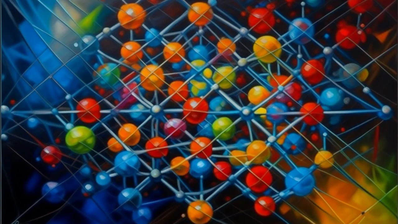 Oil painting, Detailed molecular structure of dysprosium element, showing individual atoms and bonds in a crystal lattice formation, vibrant color palette, creative, extremely detailed brush stroke