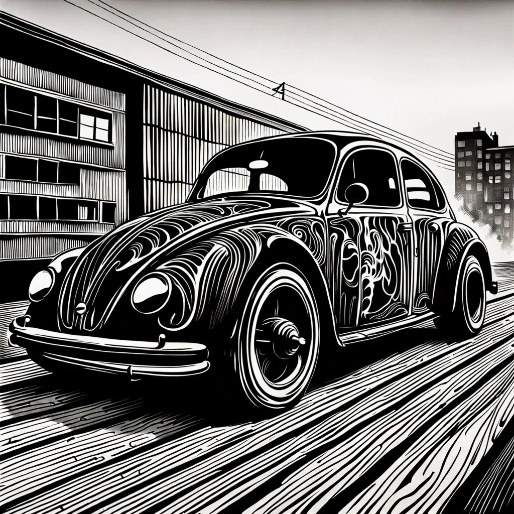 create an abstract, woodcut of Volkwagen beetle rat rod with highly detailed and deeply cut features, lost in a horrific post apocalyptic world, in the style of KATHE KOLLWITZ , searing lines and forceful strokes