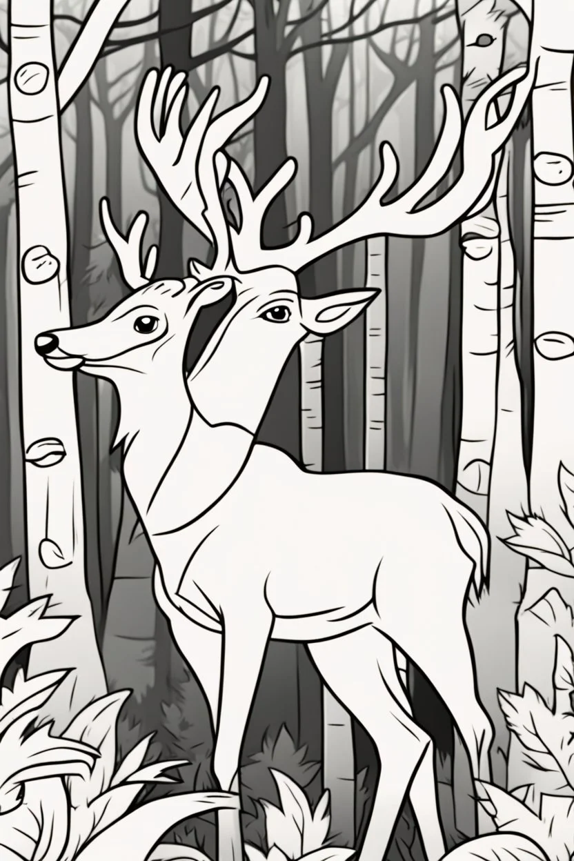 coloring page, deer in the woods, cartoon style, thick lines, low detail, no shading