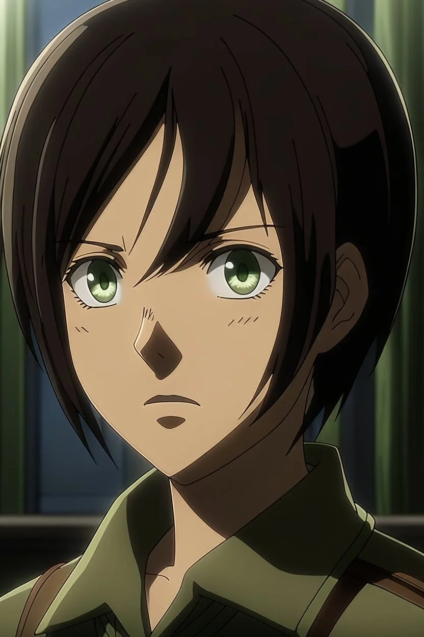 Attack on Titan screencap of a female with short, black hair and big greenish brown eyes.