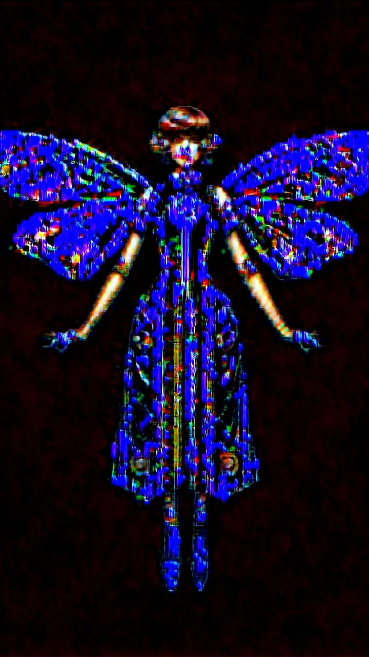 Full Body, Art Nouveau Woman With A Bob With A Fringe Hairstyle, 1920s Clothing, Steampunk Metal Moth wings, Black Background